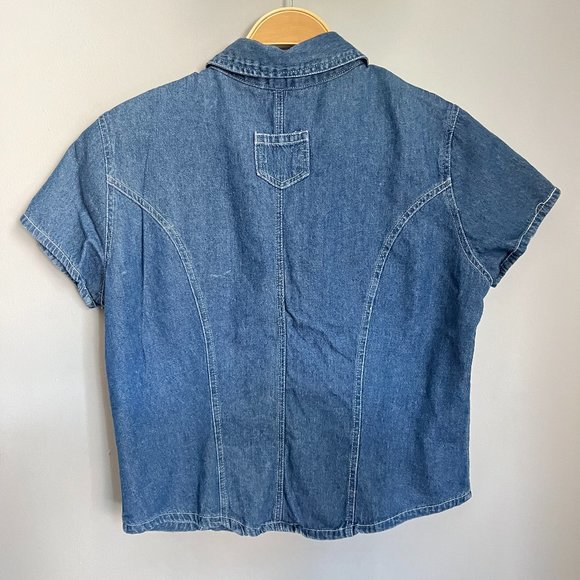 Vintage Razzle Dazzle Denim Short Sleeve Cropped Button-Up - Picture 7 of 13